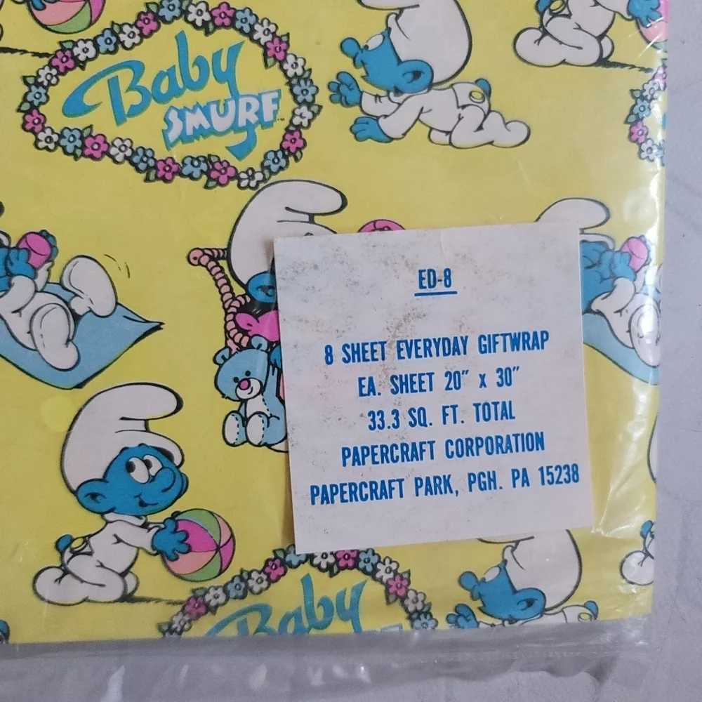 VTG 1984 Peyo Baby Smurf Pink Yellow 8 Sheets Everyday Gift Wrap Paper NEW